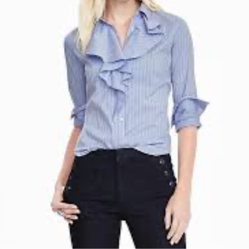 Ralph Lauren Blue Stripe Oxford Ruffle Button Down XS